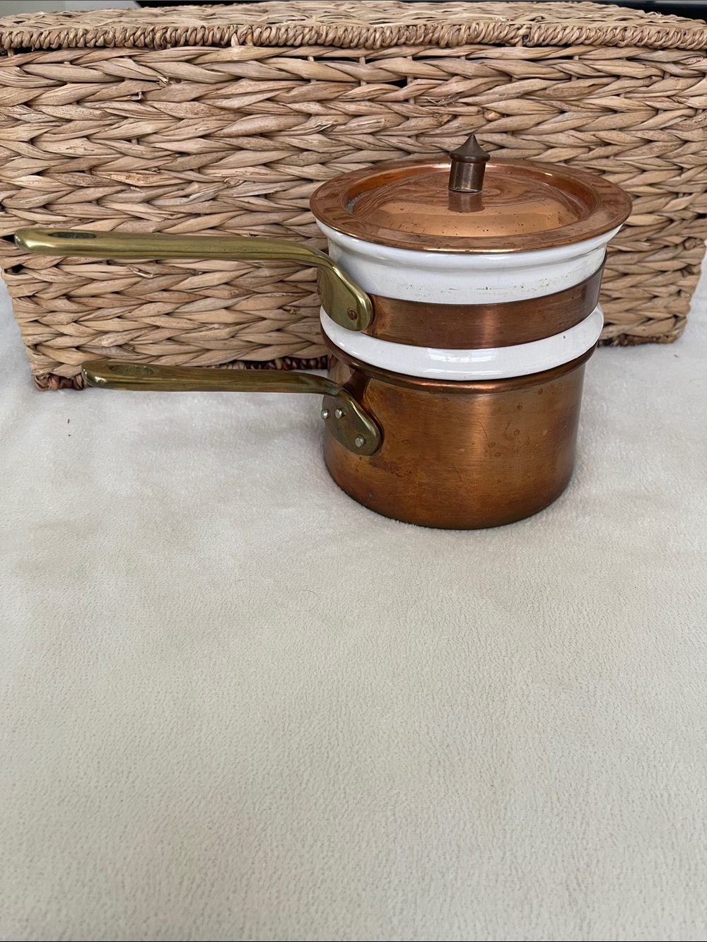 Vintage Copper Double Boiler 1 1/2 Quart with Porcelain Insert with Brass Handle